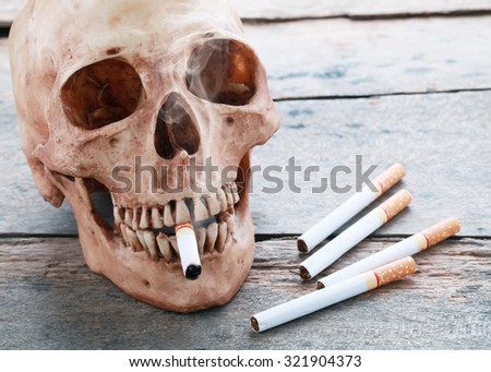 Human skull smoking a cigarette,No smoking campaign,Smoking is fatal.