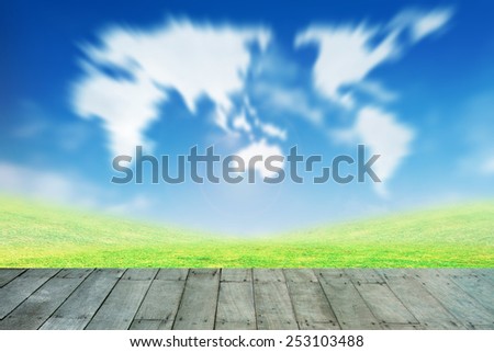 blur sky map world with wooden paving.