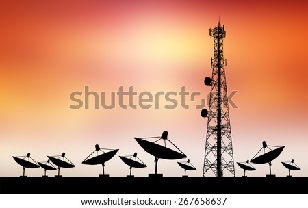 Satellite shadow and phone antenna orange sky background