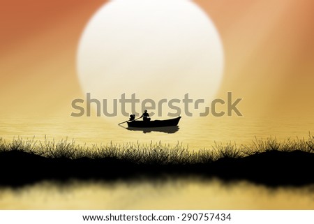 Silhouette fishing boat at sea sunset background
