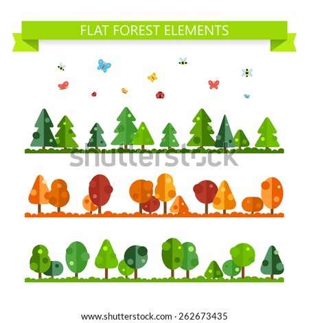 Vector flat forest elements. Set of trees in summer and autumn seasons. Nature illustration in flat style. Plant collection