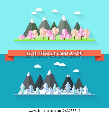 Vector flat forest and mountain landscape. Set of trees in spring and winter seasons. Nature illustration in flat style. Outdoor scene collection. Cartoon view banner