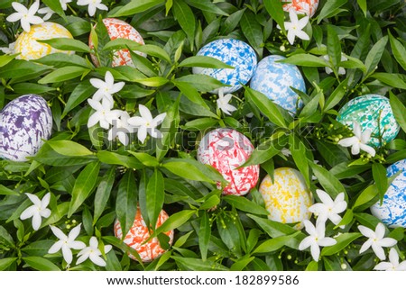Colorful Easter Eggs hidden in the green bush