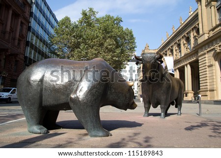 FRANKFURT GERMANY AUG 22 The Bull & Bear Statues at the Frankfurt Stock Exchange on August 22 2012 in Frankfurt Germany Frankfurt Exchange is the 12th largest exchange by market capitalization FRANKFURT GERMANY AUG 22 The Bull & Bear Statues at the Frankfurt Stock Exchange on August 22 2012 in Frankfurt Germany Frankfurt Exchange is the 12th largest exchange by market capitalization