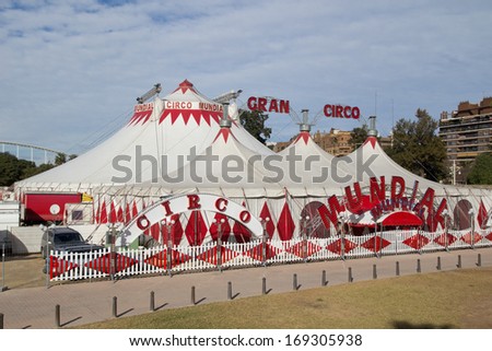 VALENCIA, SPAIN - DEC 27: The circus tents of the Gran Circo Mundial in Valencia, Spain on December 27, 2013. The Gran Ciro is in Valencia from December 13, 2013 until January 12, 2014.