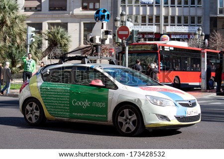 VALENCIA, SPAIN - JANUARY 27, 2014: A Google Street View vehicle used for mapping streets throughout the world drives through the city center of Valencia. Google Street View started in May 2007.