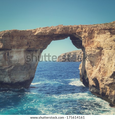 Azure Window, famous stone arch on Gozo island, Malta with retro effect.