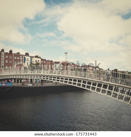 The ha\'penny bridge in Dublin, Ireland with retro effect.