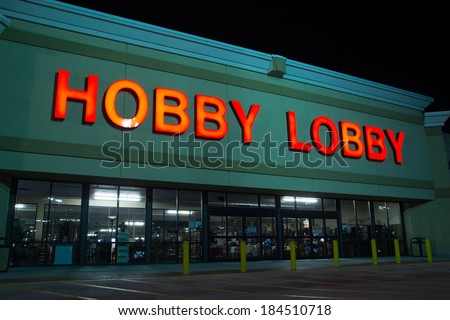 JACKSONVILLE, FL - MARCH 27, 2014: A Hobby Lobby store at night. Hobby Lobby is a retail chain of arts and crafts stores in the U.S. As of 2012, the chain has 561 stores across the U.S.A.