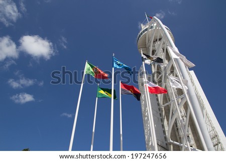 LISBON, PORTUGAL - MAY 26, 2014: Vasco da Gama Tower in the Park of the Nations. It is 145 meters tall built over the Tagus river in 1998 for the Expo 98 World's Fair.