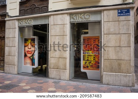 VALENCIA, SPAIN - AUGUST 7, 2014: A Kiko Milano cosmetics store in Valencia. Kiko Milano, founded in 1997, is a trendy, affordable cosmetics brand from Italy.
