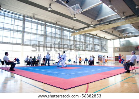 VALENCIA, SPAIN - JUNE 12: Contestants participate in the Karate Competition of the 2010 European Police and Fire Games (EUROPOLYB) on June 12, 2010 in Valencia, Spain.