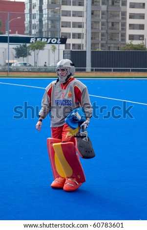 VALENCIA, SPAIN - JULY 29: Spain\'s National Women\'s Field Hockey Goal keeper, Maria Lopez de Eguilaz, just before playing the USA National Women\'s Team on July 29, 2010 in Valencia, Spain.