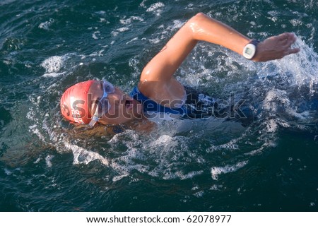 VALENCIA, SPAIN - SEPT 5: An unknown athlete competes in the First Edition of the Valencia Triathlon at the port of Valencia on September 5, 2010 in Valencia, Spain.