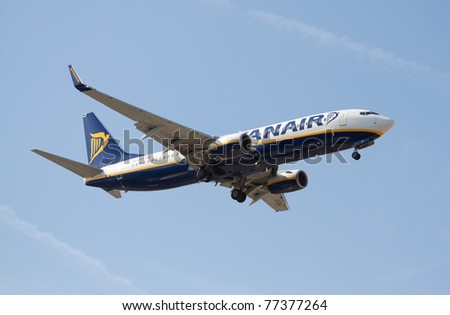 VALENCIA, SPAIN - MAY 17:  A Ryanair aircraft landing at the Valencia, Spain airport on May 17, 2011. According to Ryanair, they are in talks with the Chinese and Russians about future potential plane orders.