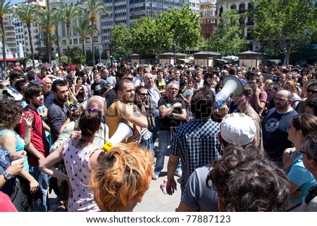 VALENCIA, SPAIN - MAY 20: Unidentified demonstrators at the town hall square in Valencia, Spain, May 20, 2011. Spaniards are protesting sky high unemployment and the government austerity plans.