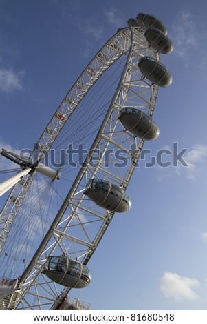 LONDON - MAY 29: Close up of the London Eye on May 29, 2011 in London. The London Eye is the most popular attraction of the UK and the tallest Ferris Wheel in Europe at 135 meters (443 feet).