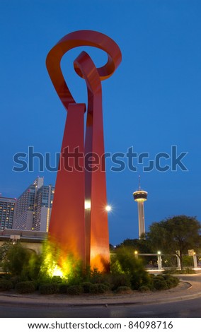 SAN ANTONIO, TX - AUG 13: The Torch of Friendship Statue in San Antonio, Texas on August 13, 2011.  The 65\' tall sculpture was dedicated in 2002 to signify the friendship between Mexico and the USA.