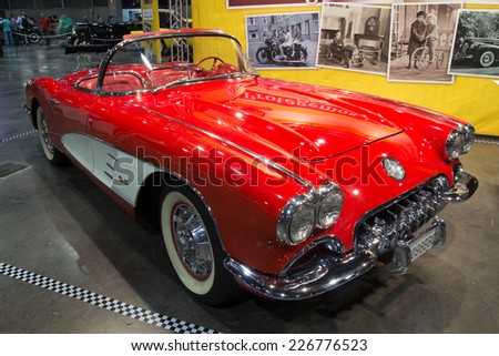 VALENCIA, SPAIN - OCTOBER 17, 2014: A red 1959 Chevrolet Corvette Convertible at the Retro Auto and Moto Valencia Classic Car Show. There was a total of 9,670 of these cars produced of the 1959 model.
