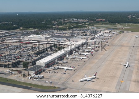ATLANTA, GEORGIA-AUGUST 25, 2015: Aerial view of Hartsfield-Jackson Atlanta International Airport. The Atlanta airport serves 89 million passengers a year, it is the world\'s busiest airport.