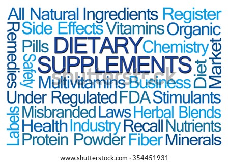 Dietary Supplements word cloud on blue background