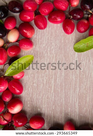 Carissa carandas fruits frame on wooden table