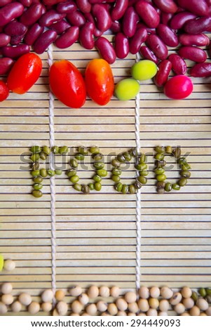 Food label background decorated with beans and fresh colorful vegetable