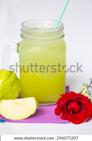 Guava Juice In Big Cup And Guava Fruit On White Background