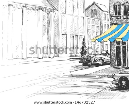 Retro City Sketch, Urban Architecture, Street And Cars