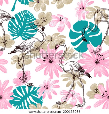 Flamingo and flowers exotic garden seamless pattern