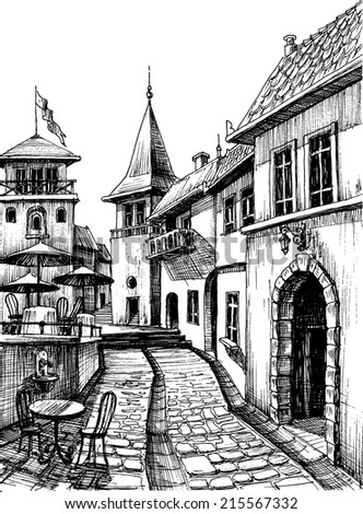 Old peaceful city drawing restaurant terrace sketch Old peaceful city drawing restaurant terrace sketch