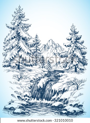 Winter snowy landscape, pine forest and river in the mountains drawing