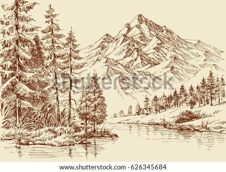 Alpine landscape, river and pine forest sketch