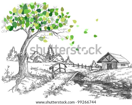 Green leaves tree in spring, rural landscape, bridge over small river and lodge