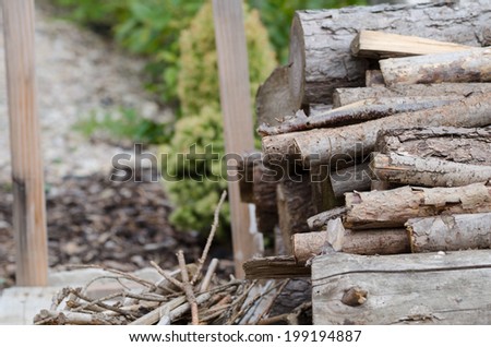 Wood for winter storage on garden