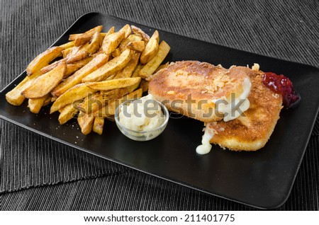 Fried cheese with home made french fries and mayonnaise