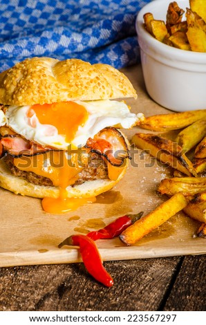 Homemade burger with fried egg and spicy fries on wood board