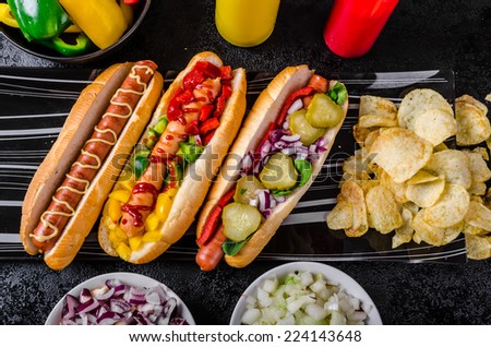 All beef dogs, variantion of hot dogs, onions, beef, garlic, chips, paprika, chilli, mustard, ketchup
