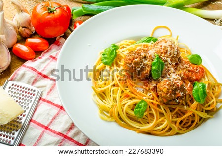 New York meatballs pasta, tomato sauce, all bio food from garden