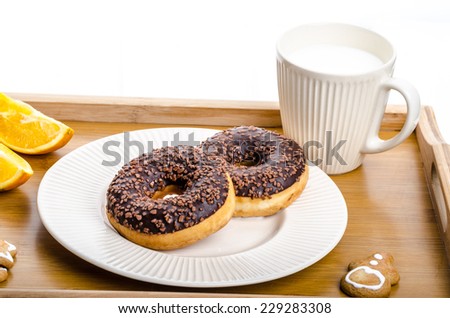 Breakfast tray donut orange and milk, christmas cookies