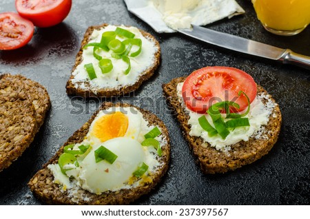 Healthy snack, whole wheat bread with cream cheese bio, tomato, spring onions and boiled egg