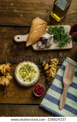 Baked Camembert with Garlic & Rosemary, with toast baked on rosemary stalk, fresh pomegranate, just DIP IN!