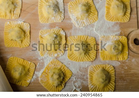 Homemade ravioli stuffed with spinach and ricotta, all home prepared