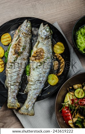 Grilled Trout with Mediterranean vegetables, fresh fish with healthy vegetable, best bio healthy meal