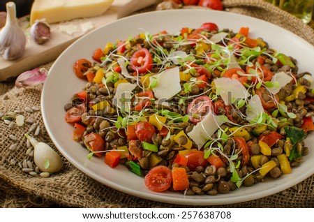Warm salad of lentils, bio healthy, diet food, vegetarian, parmesan shavings and microgreens