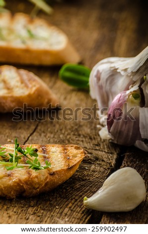 Garlic toast toasted panini sprinkled in microgreens, everything pure organic, eat clean