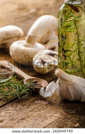 Bio garlic, spices and wild mushrooms from the home garden, olive oil, simple composition