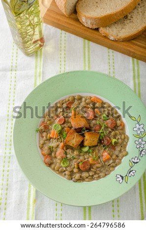 Lentil soup with Viennese sausage and croutons