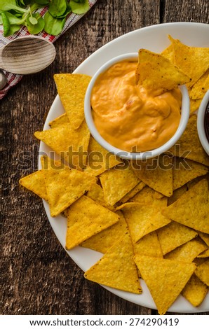 Tortilla chips with cheese dip and barbecue, czech beer