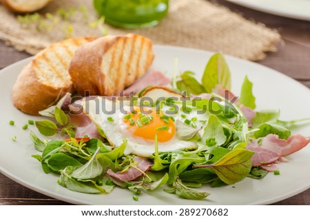 Light summer salad with a fried egg and nuts, herbs and avocado smoothie with spinach, toast panini